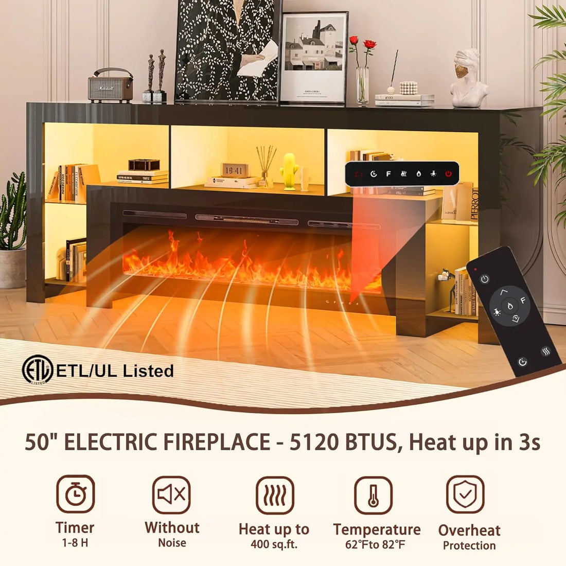 94.5" Fireplace TV Stand for TVs Up to 100", Gaming LED Entertainment Center with 50" Electric Fireplace, Modern High Gloss Medi