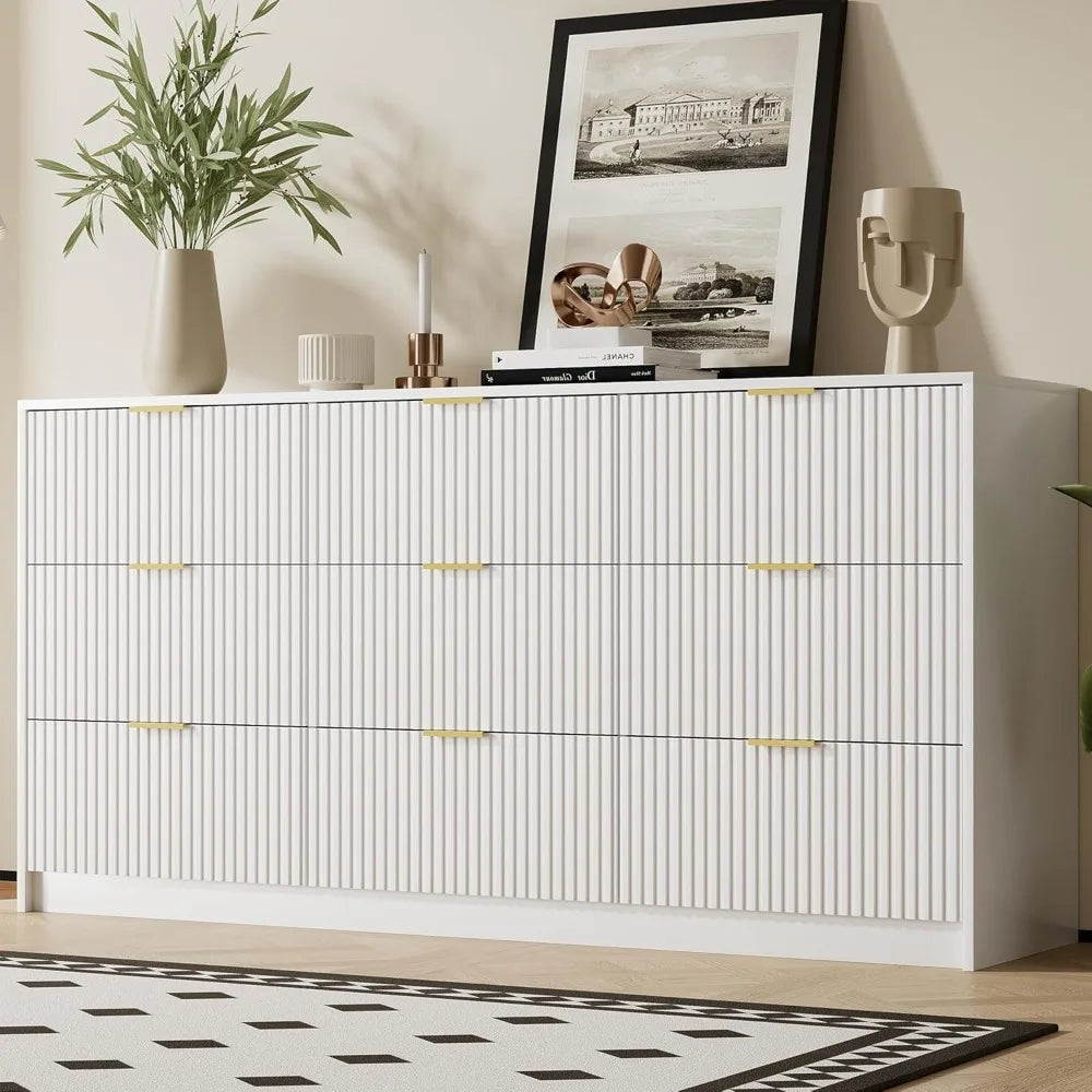 Dresser for Bedroom, Modern 9 Drawer Dresser with Smooth Slides and Gold Handles, Wide Bedroom Chest for Living Room