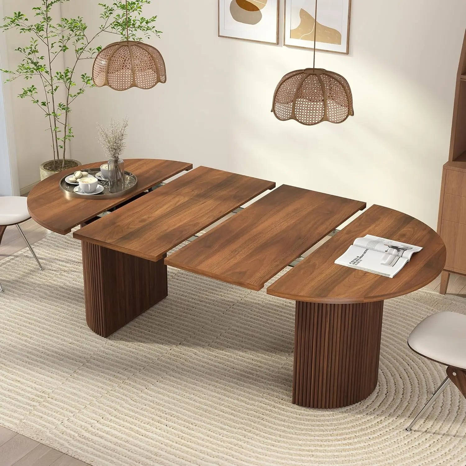 41 in-78 in Extendable Dining Room Table for 4-8, Round Expandable Kitchen Table with Fluted Base, Modern Farmhouse, Customized