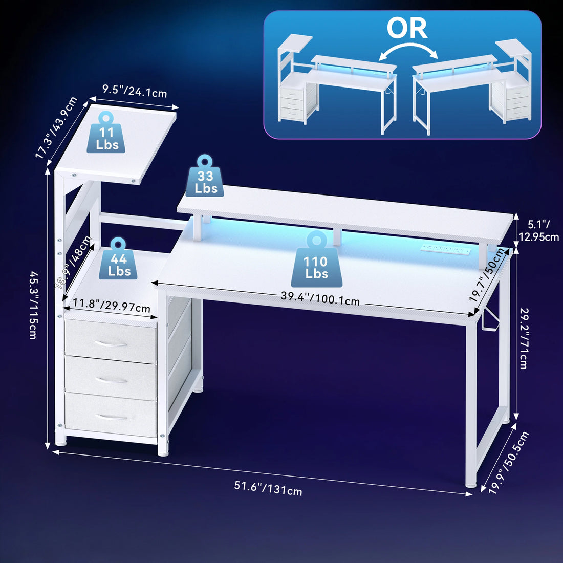 52In to 59In Gaming Desk with 3 Storage Drawers Wood Office Computer Desks with LED Lights Power Outlets for Office Bedroom