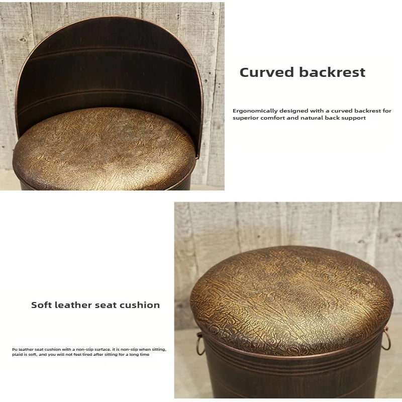 Retro Industrial Bar Stool with Heavy Duty Metal Frame & Leather Bucket Seat,Vintage Style Home Bar Pub Furniture, Easy Assembly