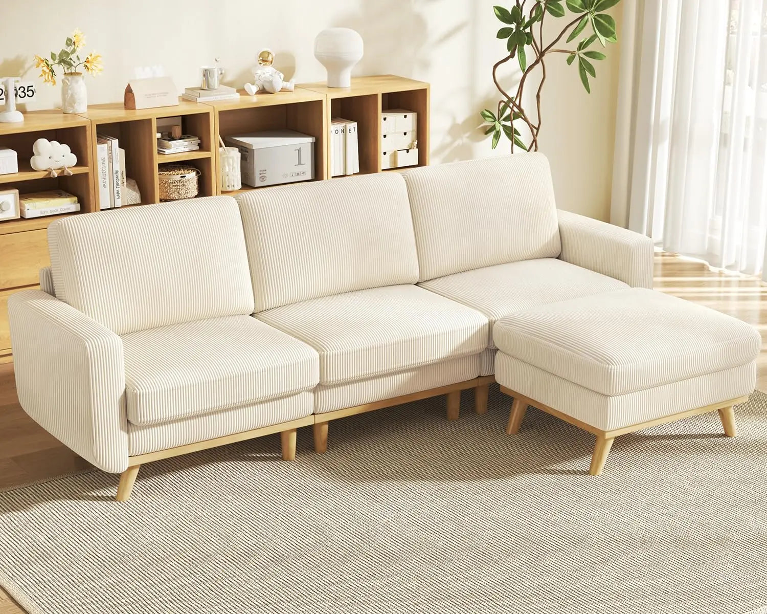 97" L-Shape Modular Sectional Sofa 3-Seat Corduroy Movable Ottoman Living Room Green, Customized