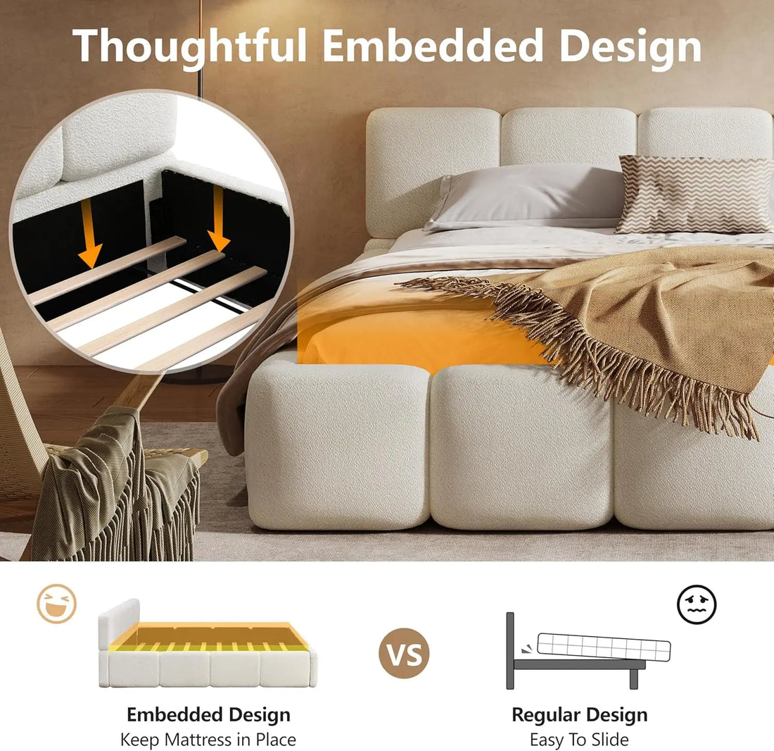 King Size Boucle Platform Bed with Thick Headboard and Footboard, Block Style Upholstery Floor Bed Frame, White