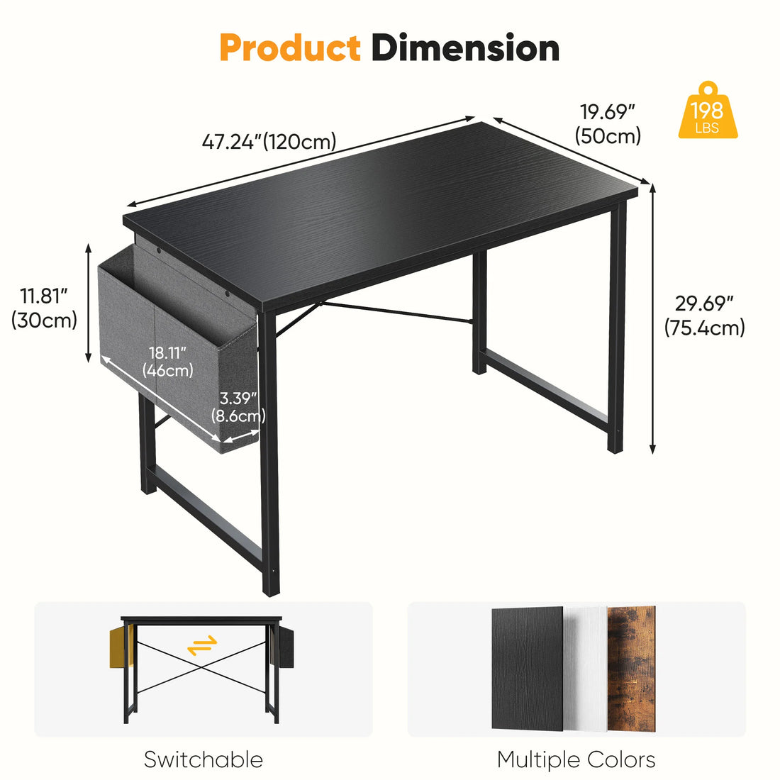 31IN to 55IN Computer Office Desk Writing Study Office Gaming Table with Storage Bag Metal Frame Wood Tabletop Easy Assembly