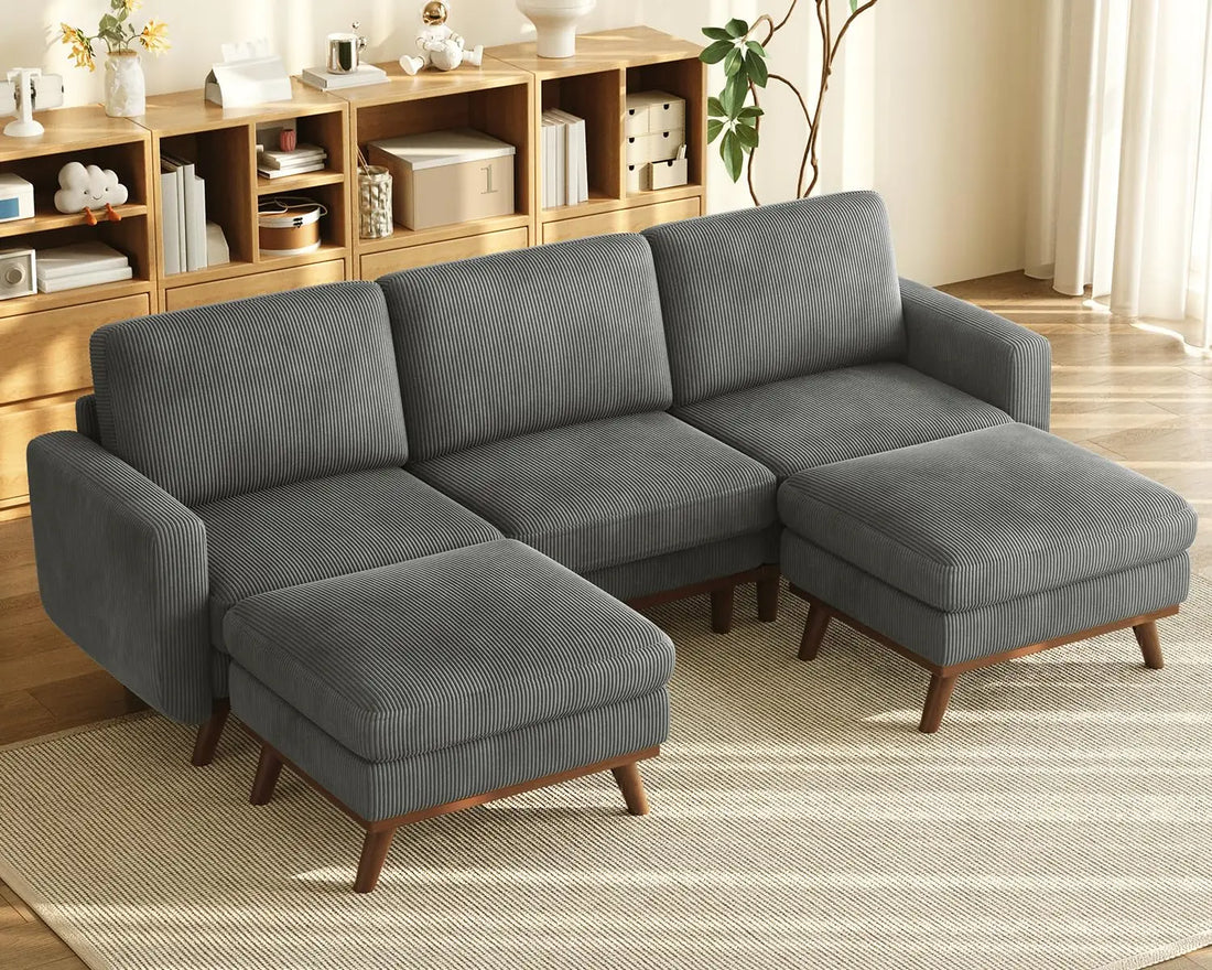 97" L-Shape Modular Sectional Sofa 3-Seat Corduroy Movable Ottoman Living Room Green, Customized