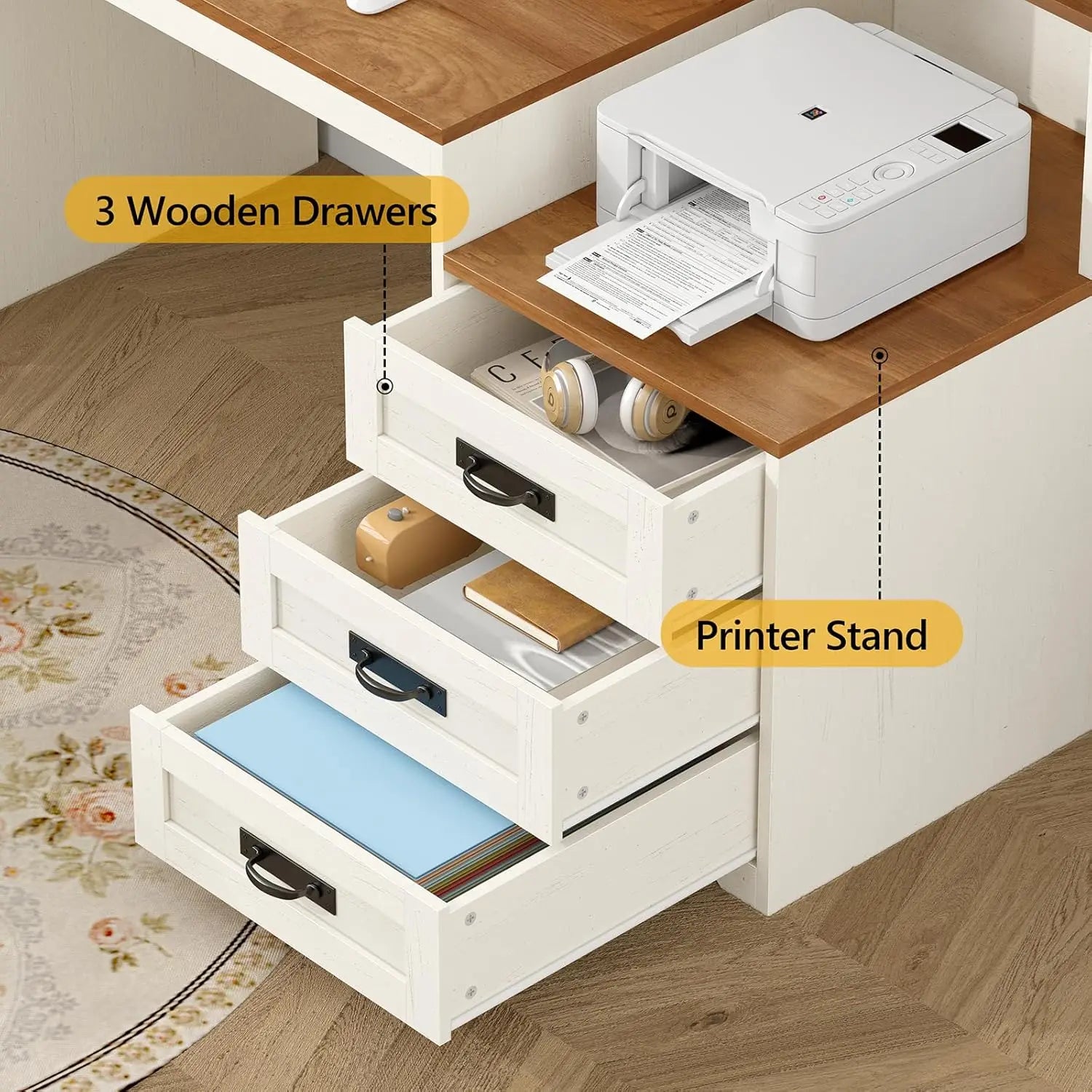 Farmhouse Computer Desk with Drawers, 65'' Home Office Desk with Power Outlets, Storage Cabinet and Printer Stand, Customized
