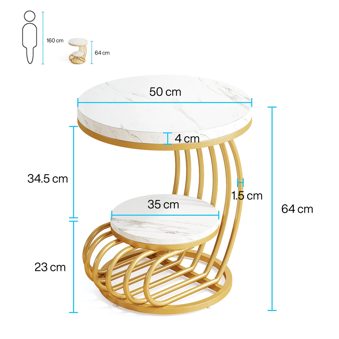Tribesigns Gold Round End Table: 2 Tiers Faux Marble Side Table with Storage Shelf, Modern White Gold Bedside Nightstand