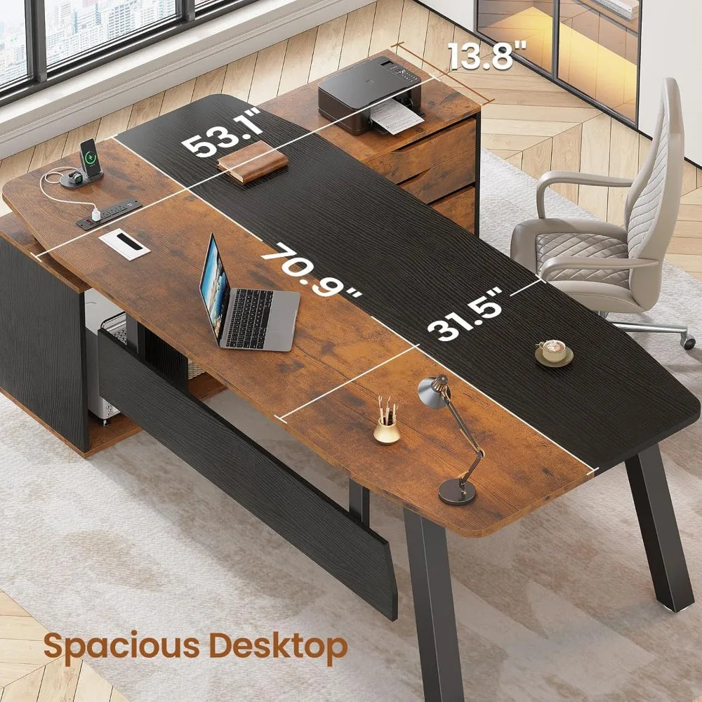 71" Executive Desk with File Cabinet, Large Office Desk with Drawers and Shelves, L Shaped Computer Desk with Power, Customized