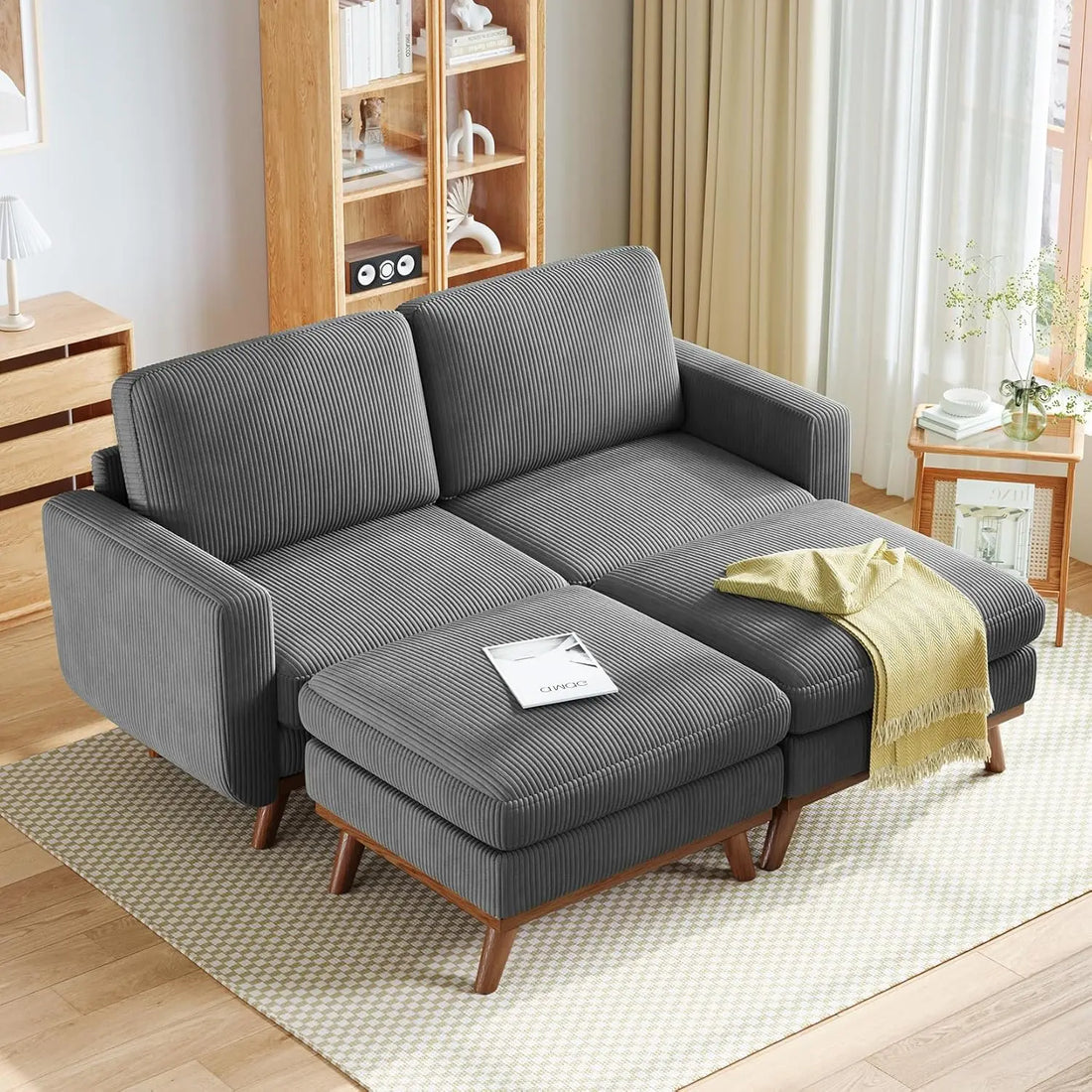 97" L-Shape Modular Sectional Sofa 3-Seat Corduroy Movable Ottoman Living Room Green, Customized