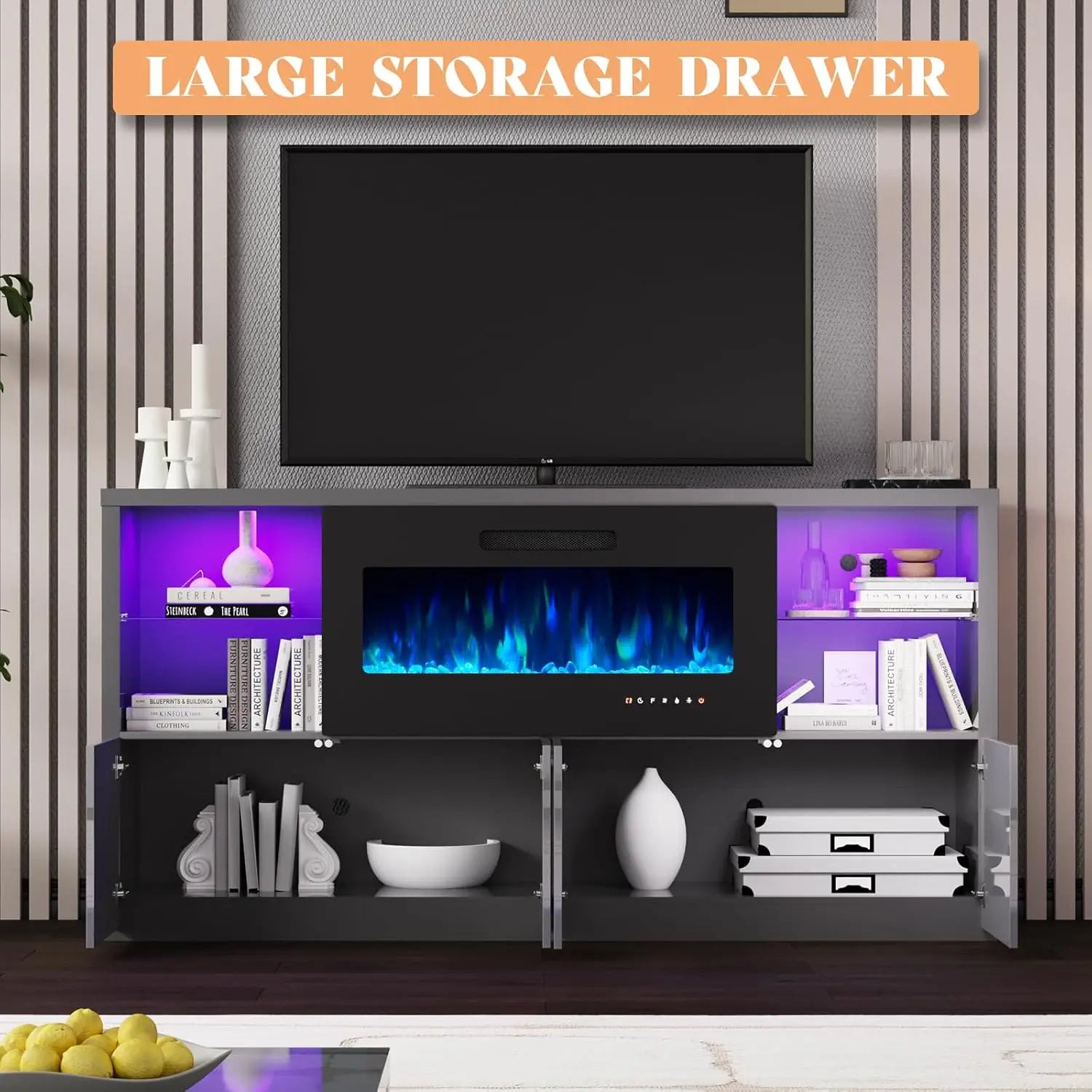 68" Modern High Gloss Fireplace TV Stand, Fireplace Entertainment Center with Fireplace & LED Lights for TVs up to 78",