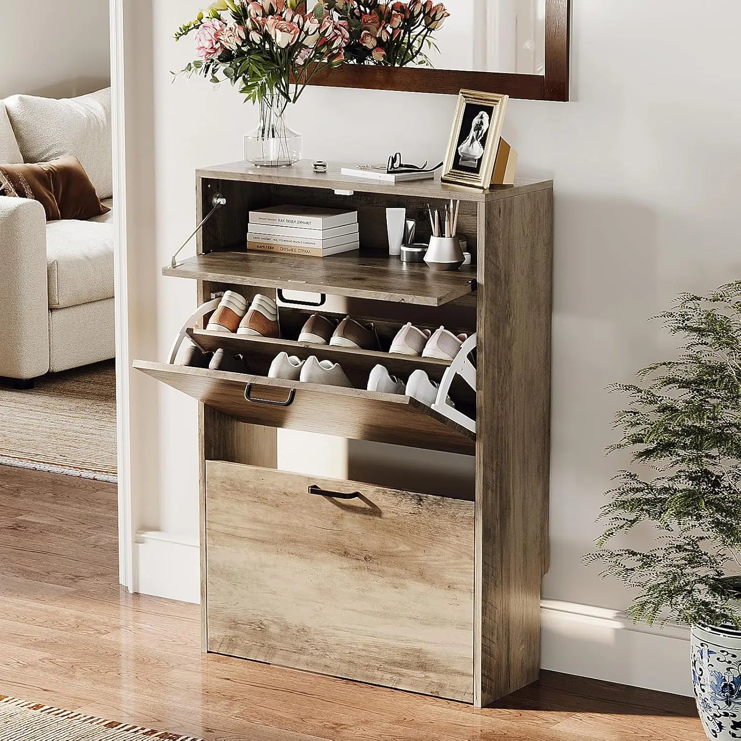 Shoe Cabinet Storage for Entryway Ultra Slim with 2 Flip &1Drop-Down Drawers, 24.8" W Narrow Shoe Cabinet for Front Door