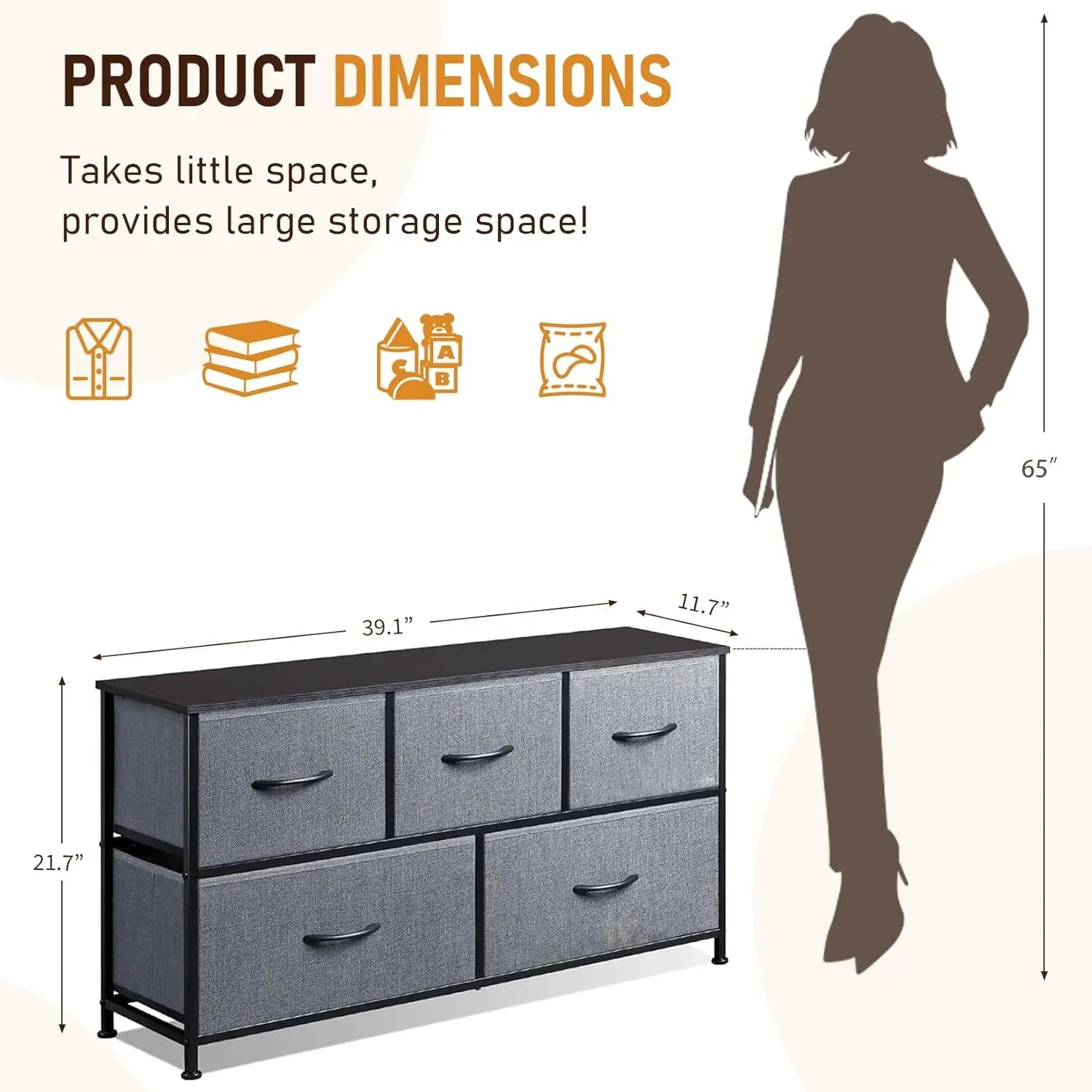 5-Drawer Fabric Chest of Drawers Sturdy Metal Frame 100cm Wide Ample Storage for Bedroom, Dressing Room, Hallway