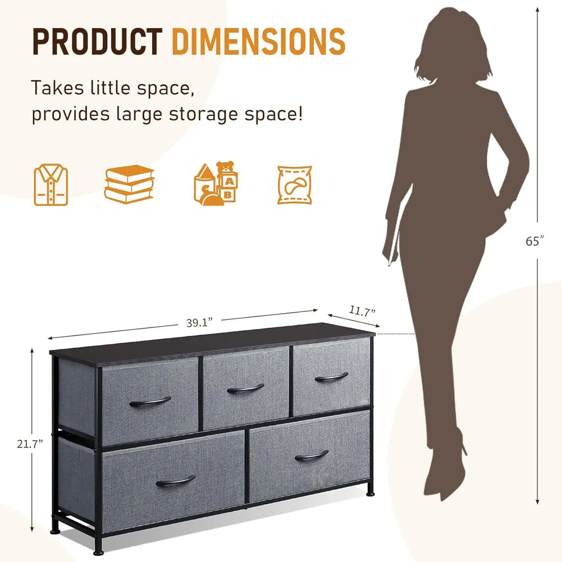 5-Drawer Fabric Chest of Drawers Sturdy Metal Frame 100cm Wide Ample Storage for Bedroom, Dressing Room, Hallway