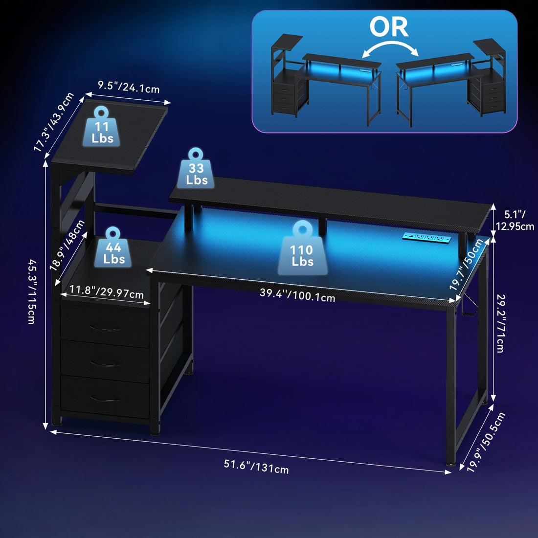 52In to 59In Gaming Desk with 3 Storage Drawers Wood Office Computer Desks with LED Lights Power Outlets for Office Bedroom
