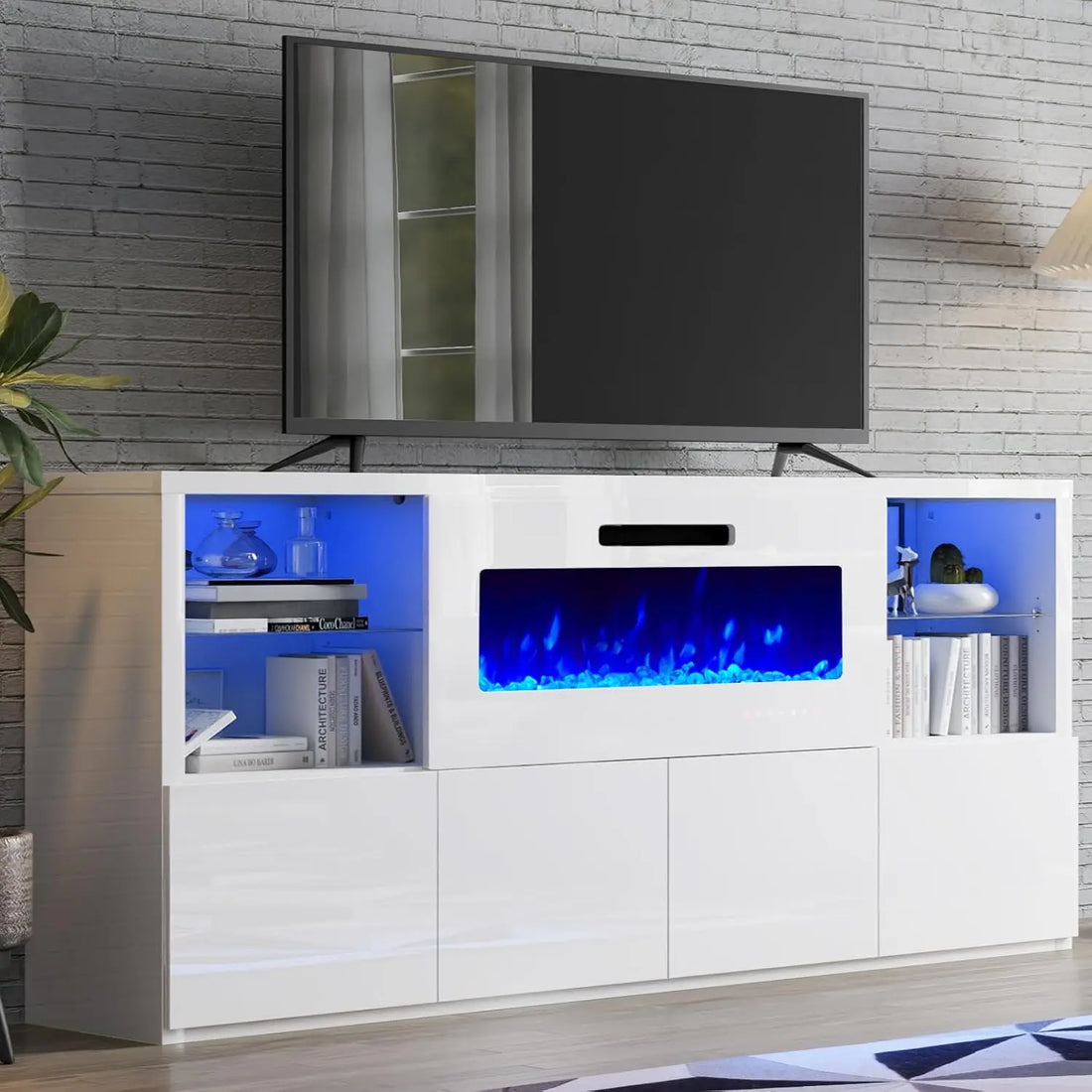 68" Modern High Gloss Fireplace TV Stand, Fireplace Entertainment Center with Fireplace & LED Lights for TVs up to 78",
