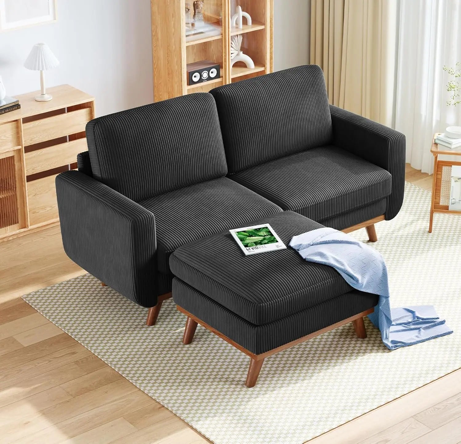 97" L-Shape Modular Sectional Sofa 3-Seat Corduroy Movable Ottoman Living Room Green, Customized