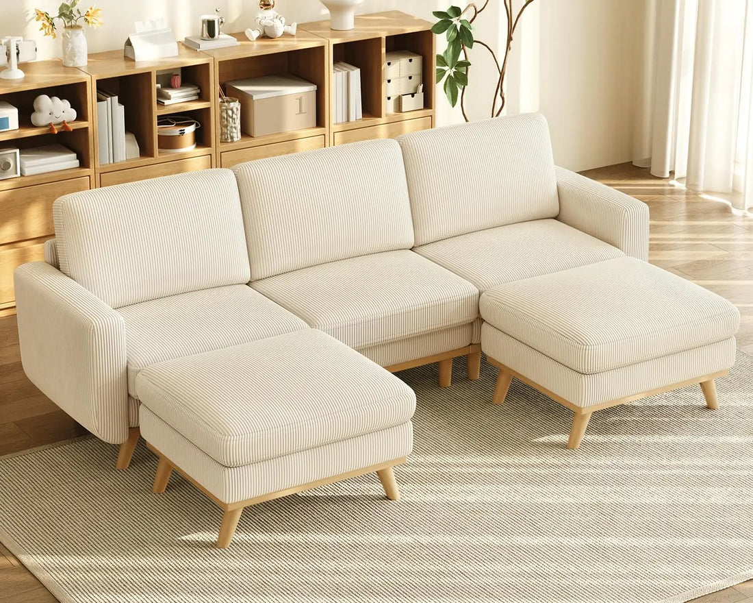97" L-Shape Modular Sectional Sofa 3-Seat Corduroy Movable Ottoman Living Room Green, Customized