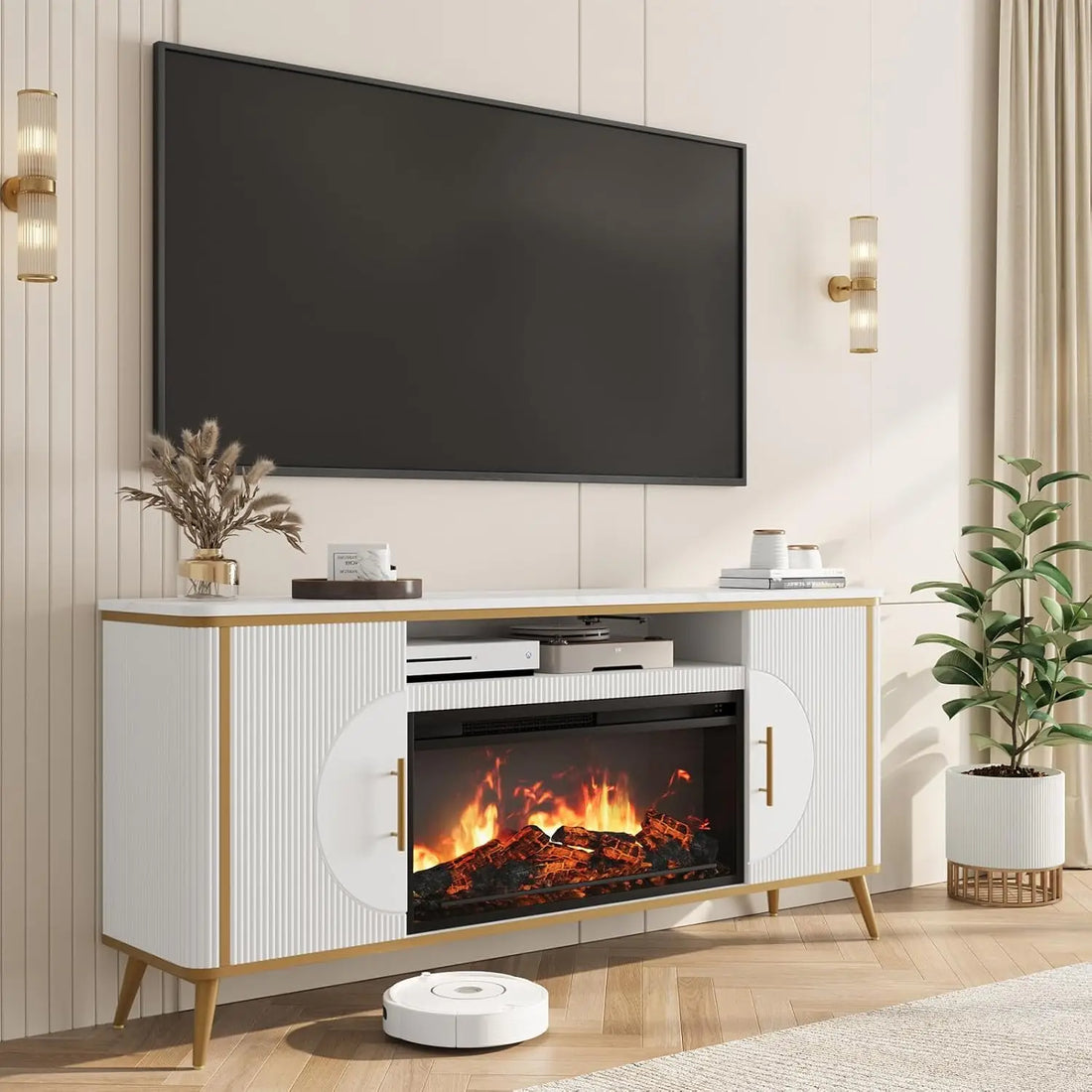 Modern Fluted TV Stand with Electric Fireplace for up to 80'' TVs Luxury Customizable Media Entertainment Center
