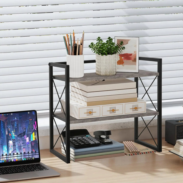2-Tier Wood Desktop Shelf Organizer, Space-Saving Storage Rack for Office, Home, Dormitory (Grey)