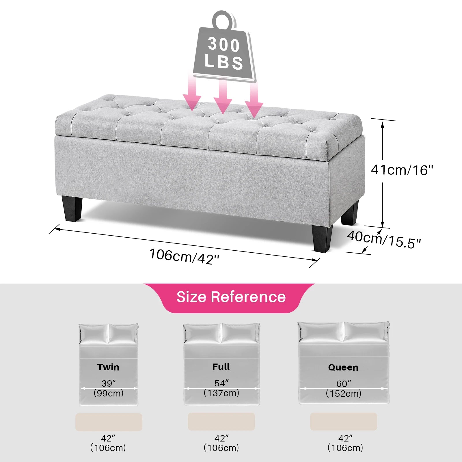 Redlife 42'' Storage Ottoman Bench, Tufted Entryway Bedroom Bench Footrest Stool w/ Flipping Lid Safety Hinge 66 L Storage Space