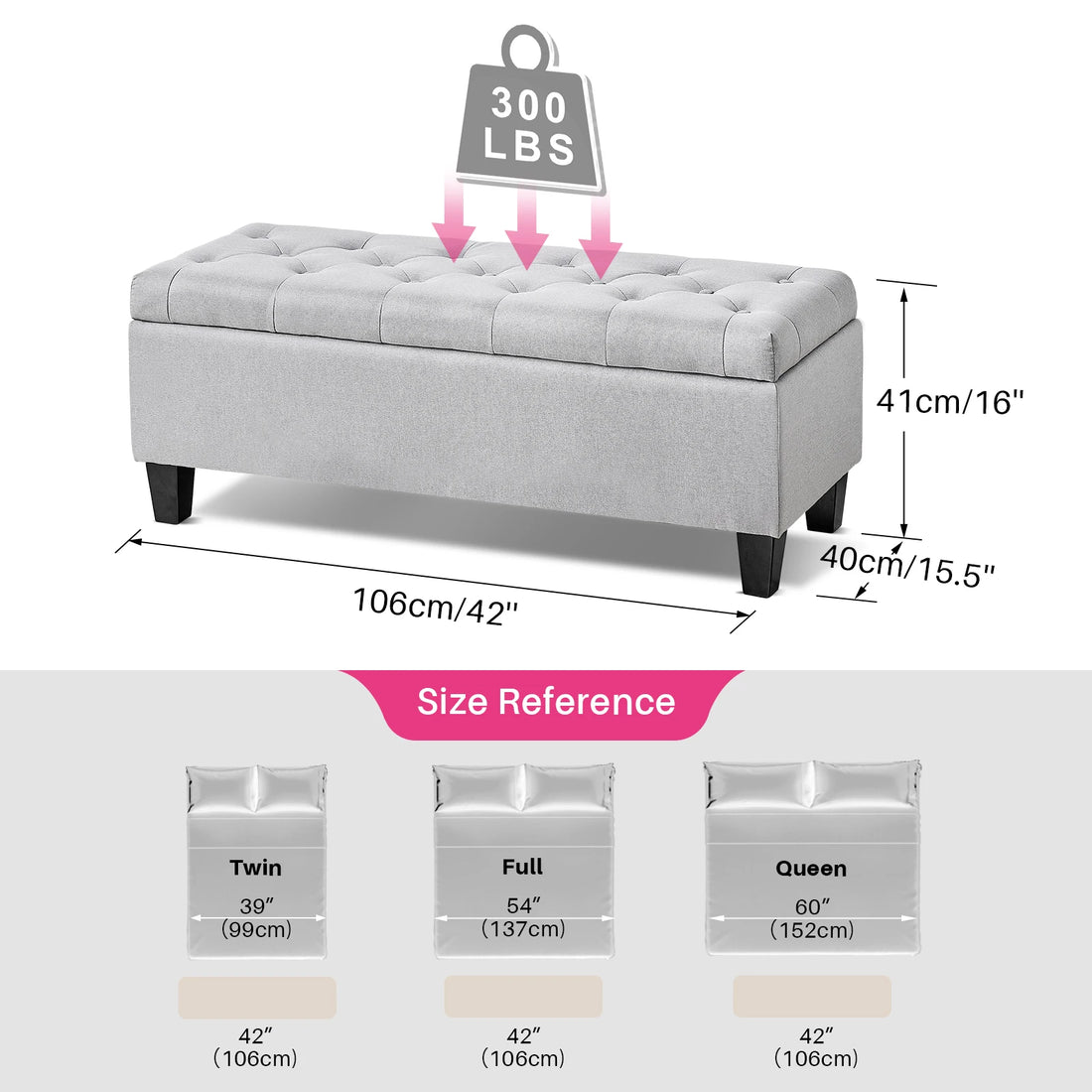 Redlife 42'' Storage Ottoman Bench, Tufted Entryway Bedroom Bench Footrest Stool w/ Flipping Lid Safety Hinge 66 L Storage Space