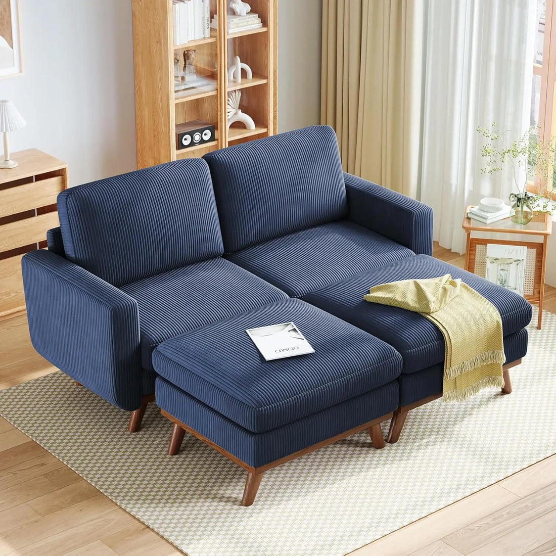97" L-Shape Modular Sectional Sofa 3-Seat Corduroy Movable Ottoman Living Room Green, Customized
