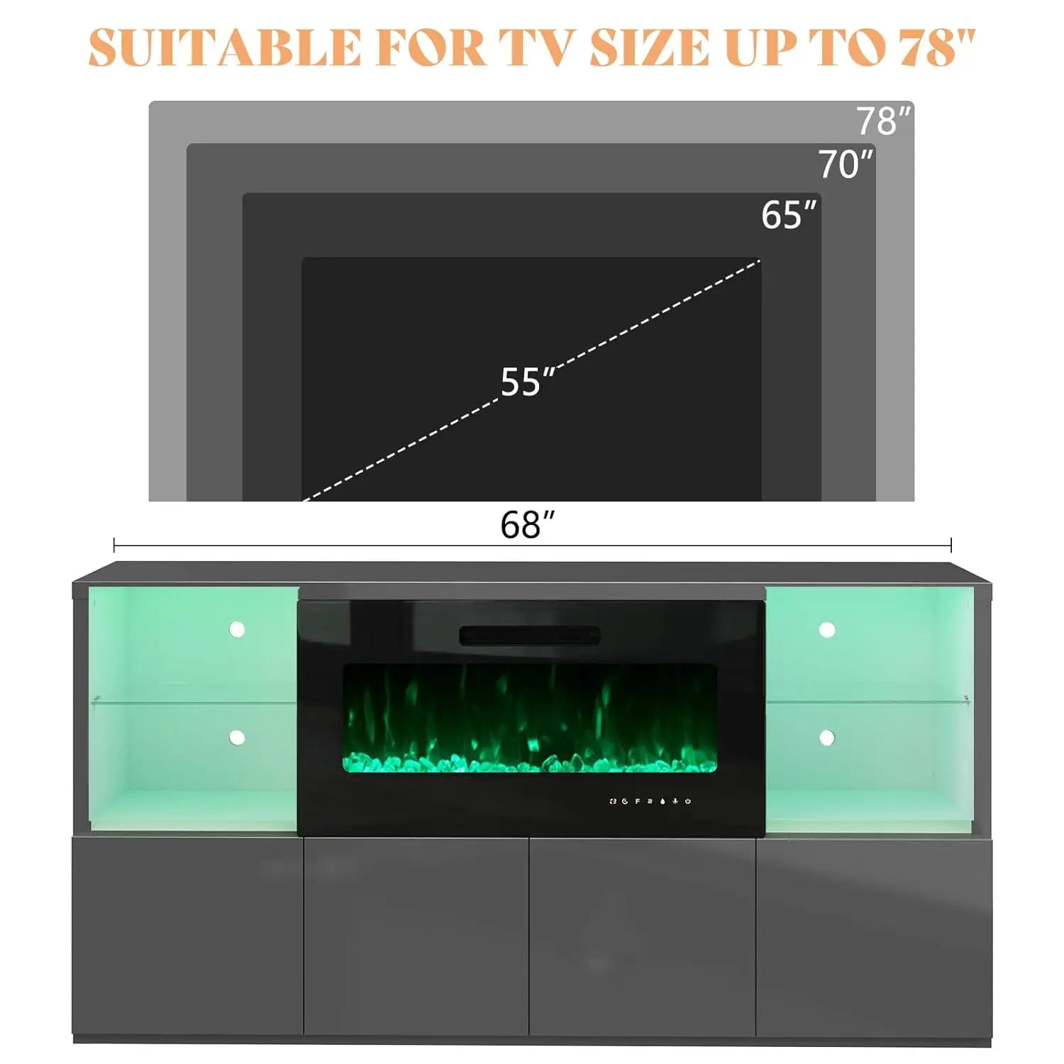 68" Modern High Gloss Fireplace TV Stand, Fireplace Entertainment Center with Fireplace & LED Lights for TVs up to 78",