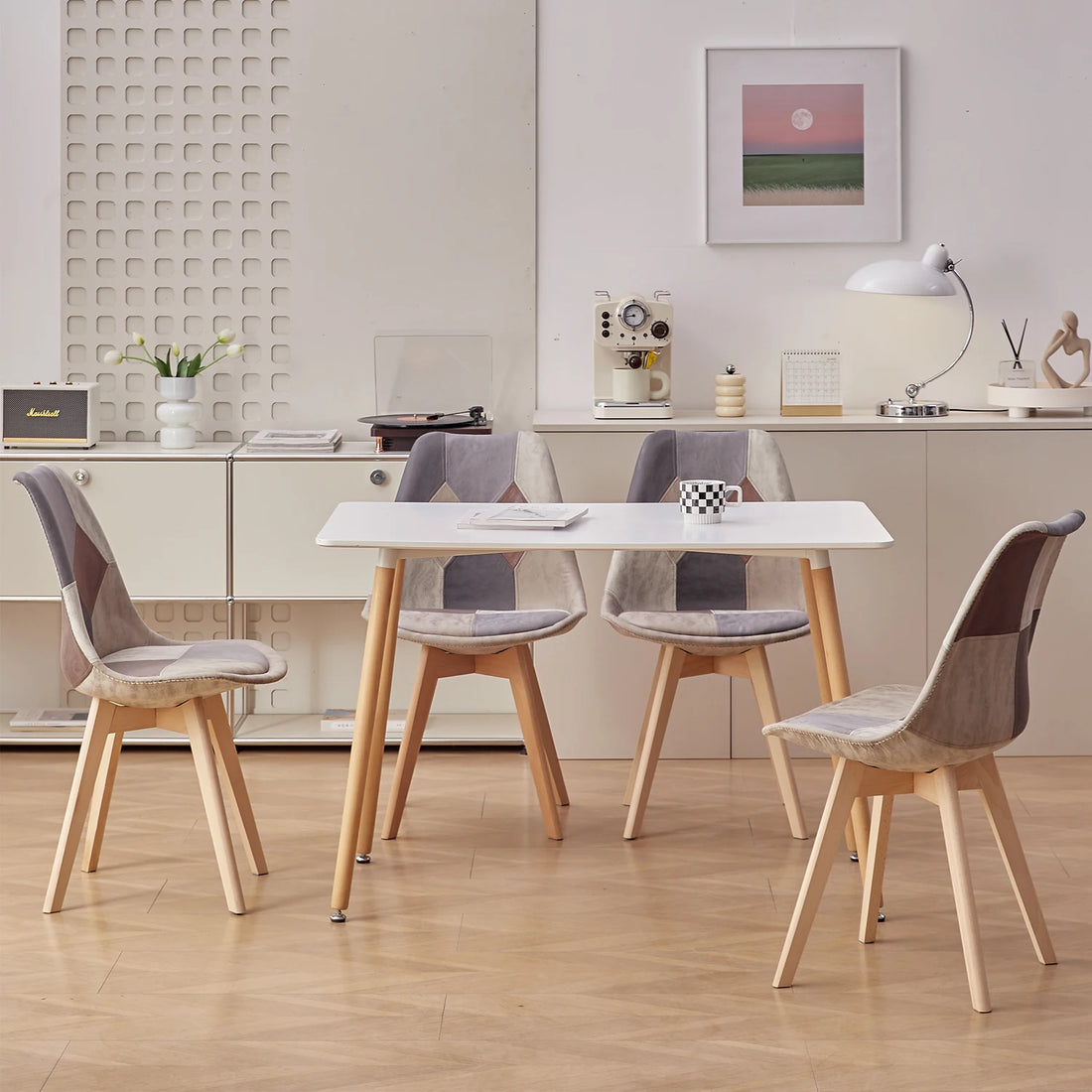 EGOONM Set of 2/4 Dining Chairs Patchwork Chairs with Wooden Legs and padded seat for Kitchen Living Room Technical cloth fabric