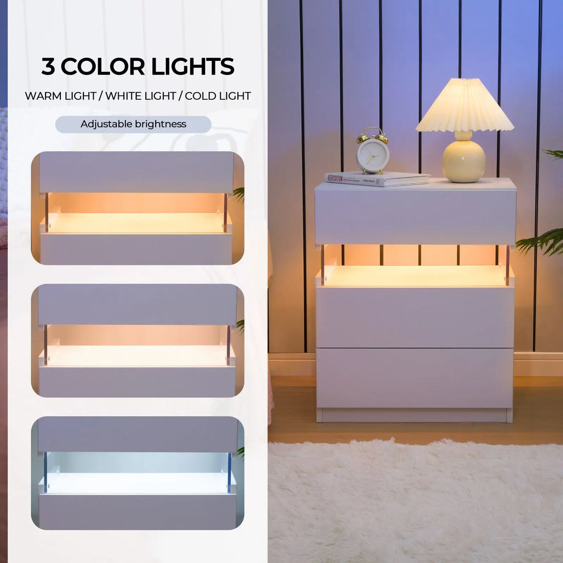 Cubehom Bedside Tables 2 Set with LED Lighting White Bedside Table with 3 Drawers Bedside Table for Bedroom