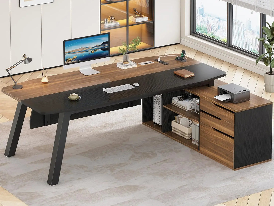 71" Executive Desk with File Cabinet, Large Office Desk with Drawers and Shelves, L Shaped Computer Desk with Power, Customized