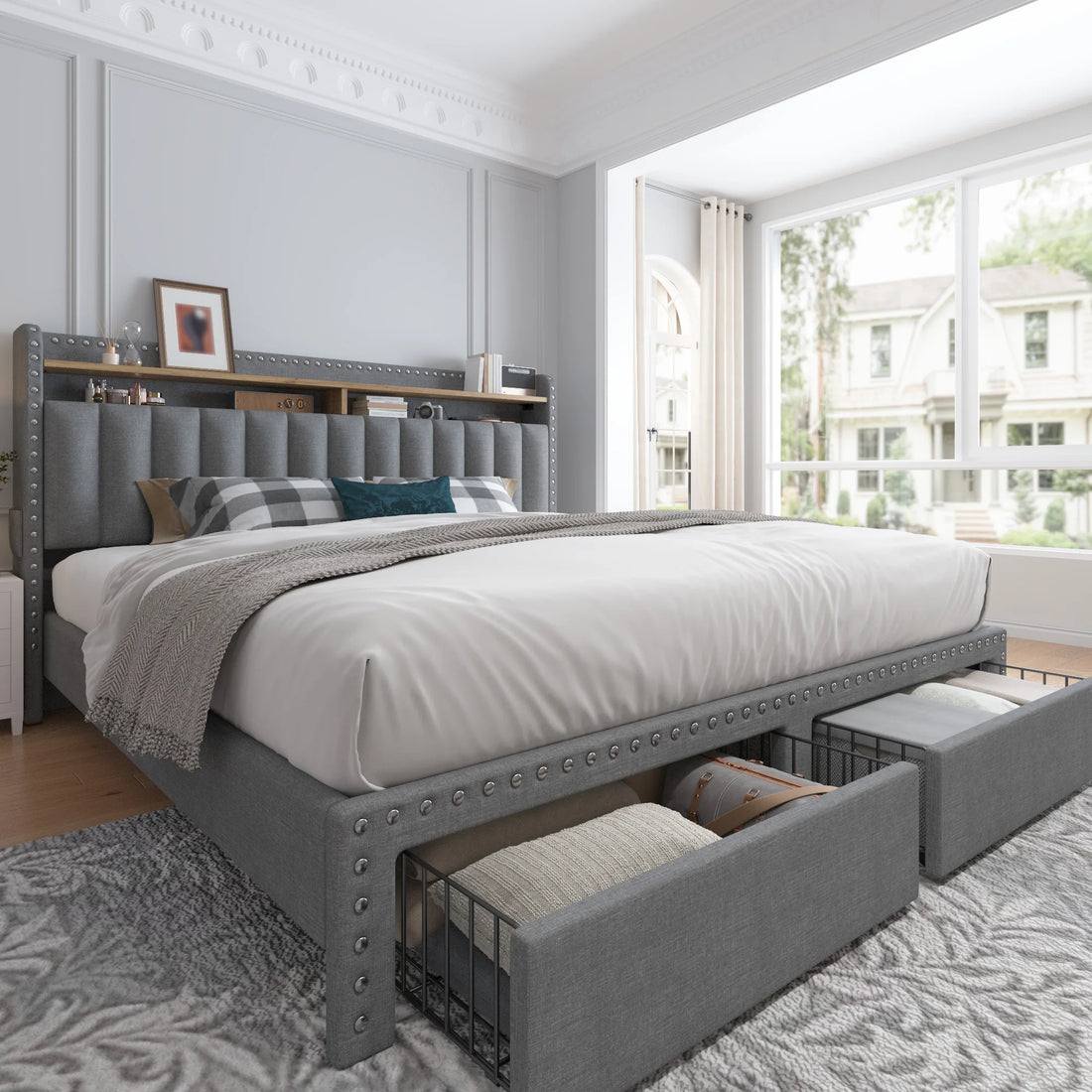 Full/Queen/King Bed Frame with 2-Tier Storage Headboard & 2 Storage Drawers Upholstered Platform Bed Frame No Box Spring Needed