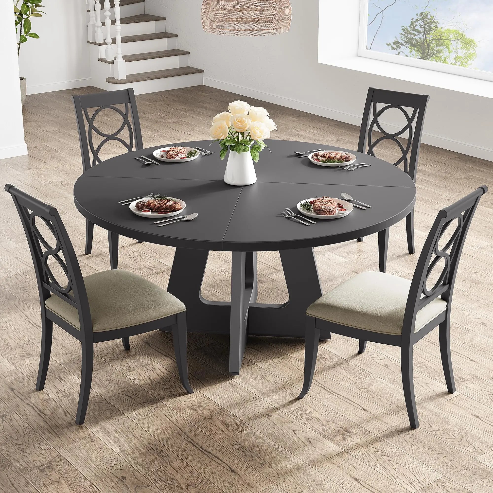 47-Inch Round Dining Table Large Wooden Kitchen Table For 4 to 6, Farmhouse Dinner Table For Home Dining Room or Living Room