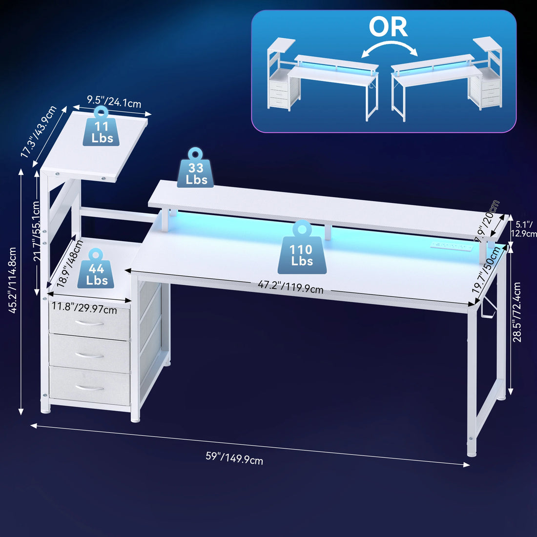 52In to 59In Gaming Desk with 3 Storage Drawers Wood Office Computer Desks with LED Lights Power Outlets for Office Bedroom