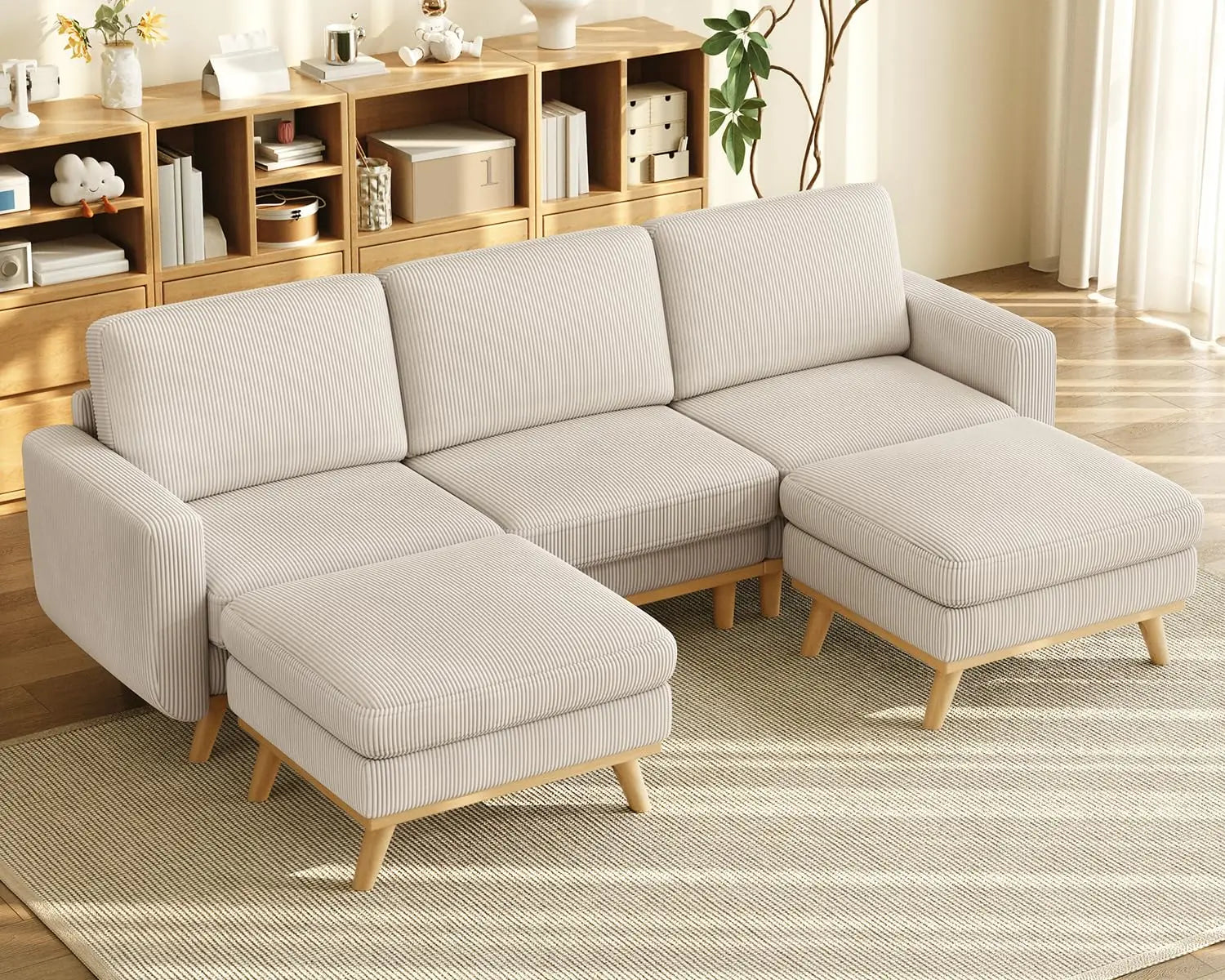 97" L-Shape Modular Sectional Sofa 3-Seat Corduroy Movable Ottoman Living Room Green, Customized
