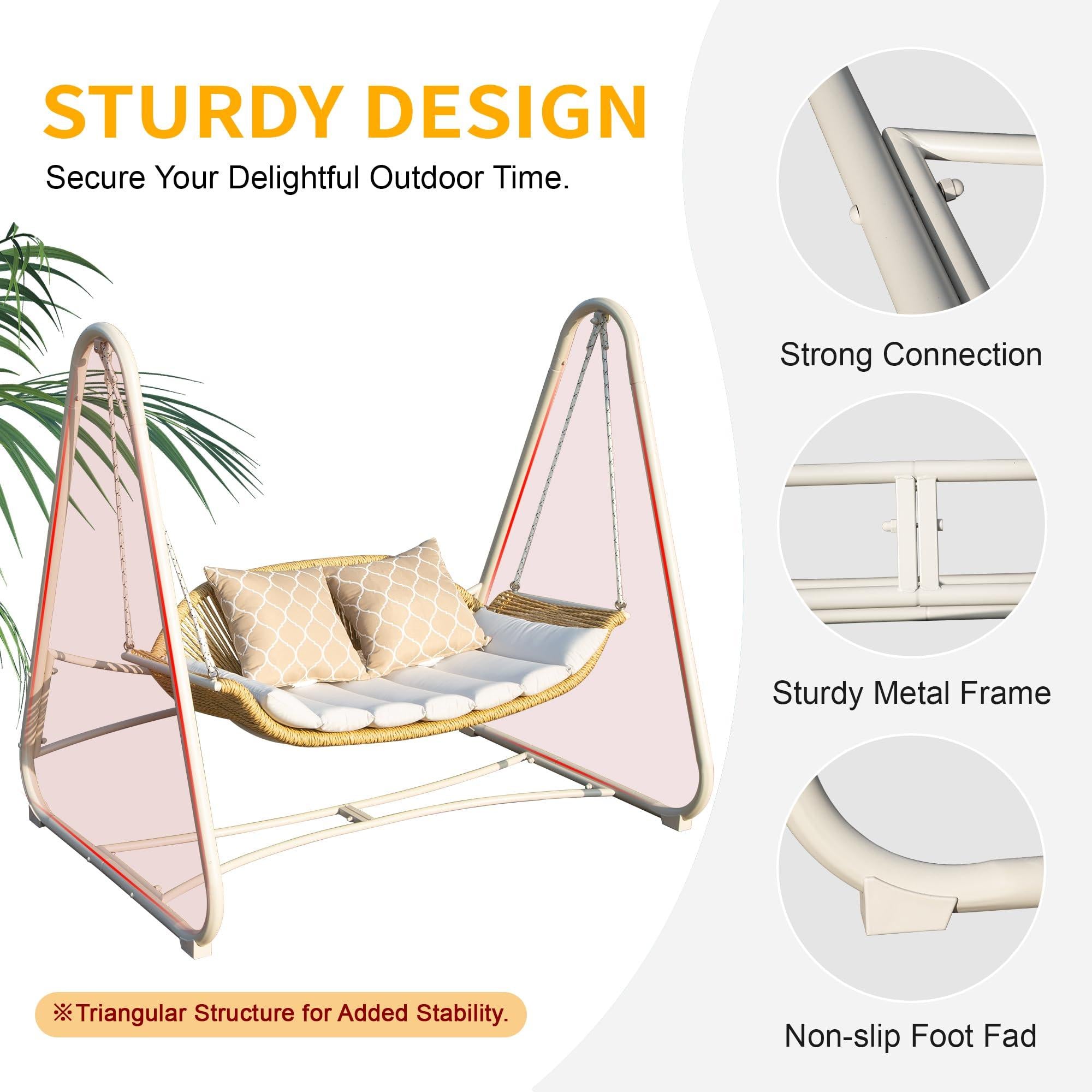 2-Seat Hanging Swing Chair with Thickened Cushions and Pillow, Rattan Porch Swing Chair Outdoor Hammock Chair for Porch, Backyard, Garden