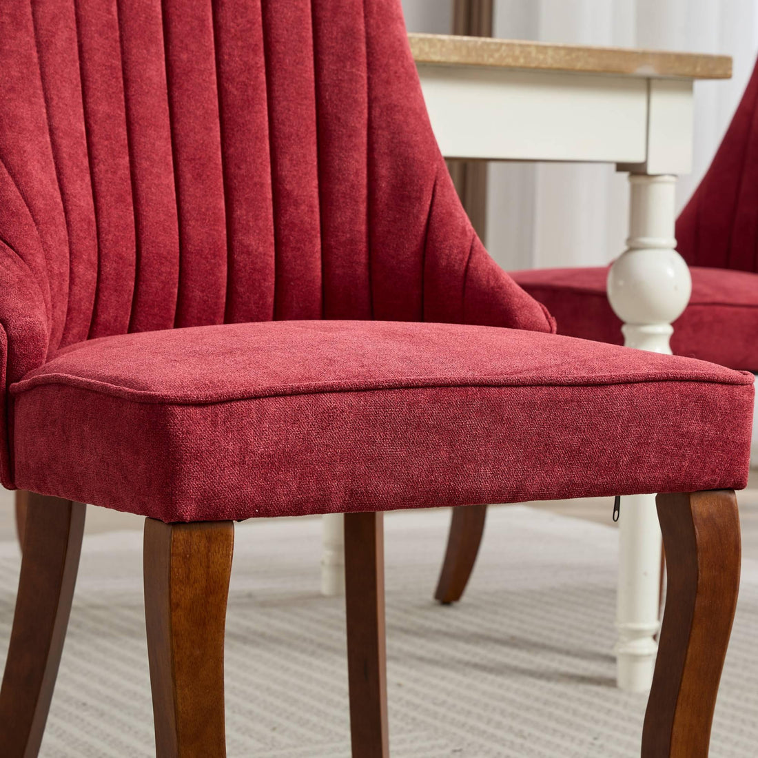 Rayon Cloth Flocking Linen Dining Chairs  Comfy Fabric Upholstered Accent Chair for Dining Room with Curved Solid Wood Legs,Set of 2