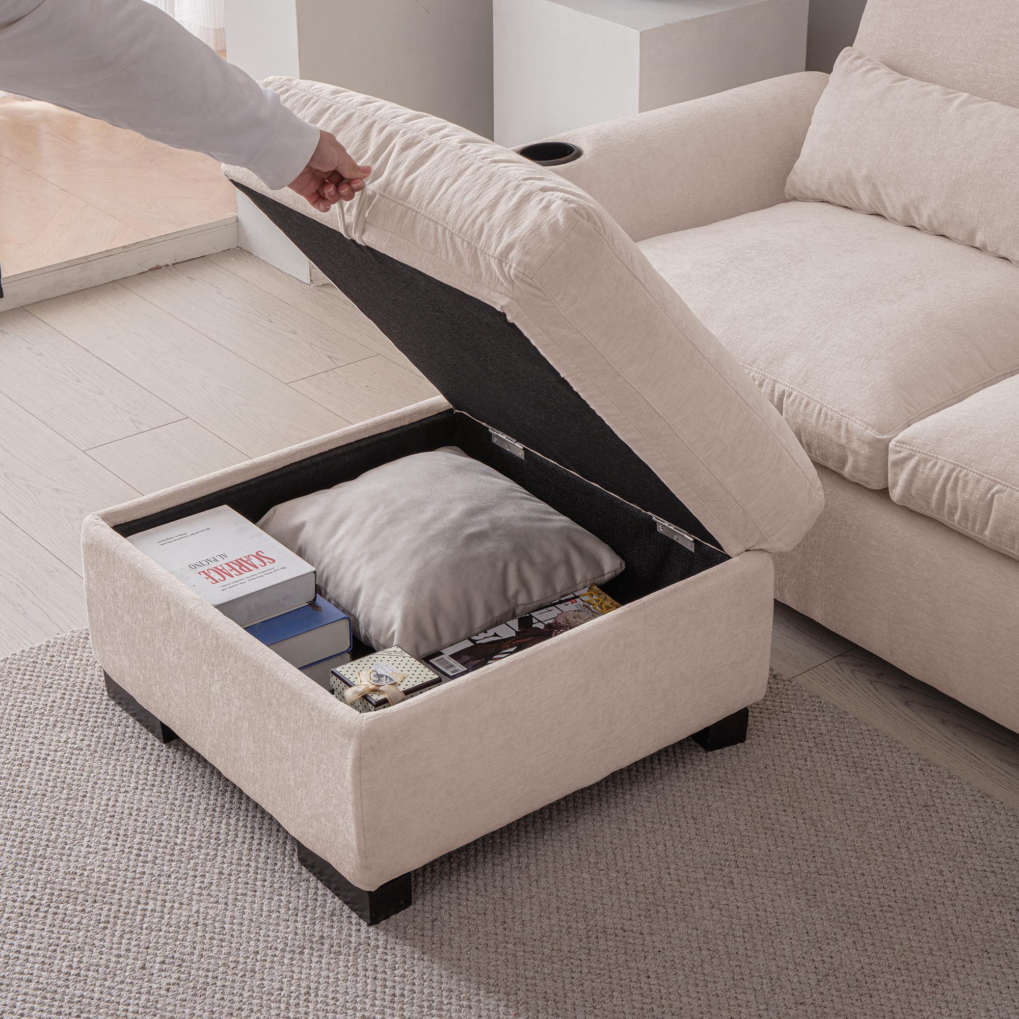 114.5"Modern L Shaped Chenille Sofa Couch Reversible Ottoman With Storage Removable and Washable Cushions Sofa With USB Ports & Cup Holder For Living