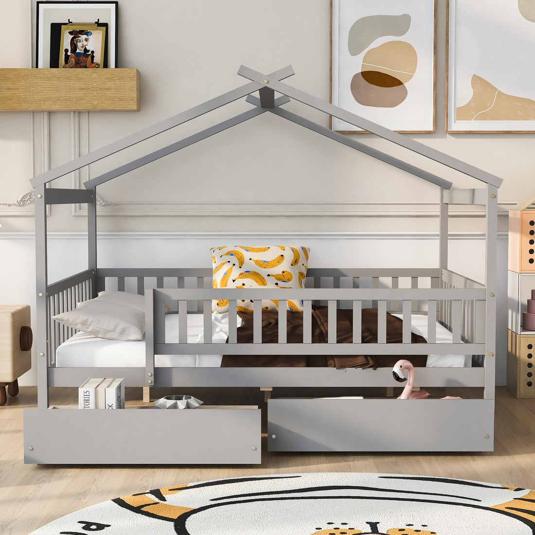 Full Size Wooden House Bed with Two Drawers