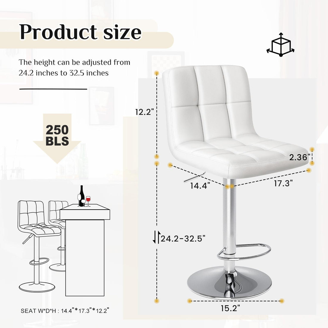 Bar Stools Set of 2, Counter Height Barstools,Square Seat Cushion Barstool with Back, Height Adjustable PU Leather Swivel Barstool ,White