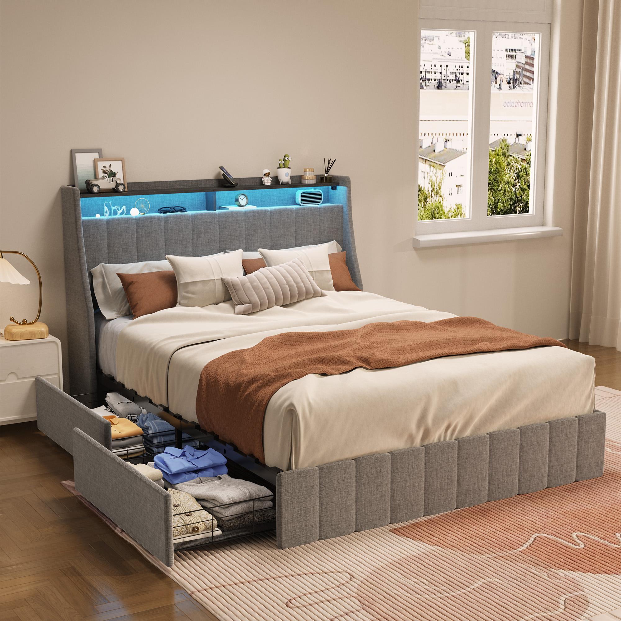 Queen size LED bed frame with winged headboard design for extra storage space