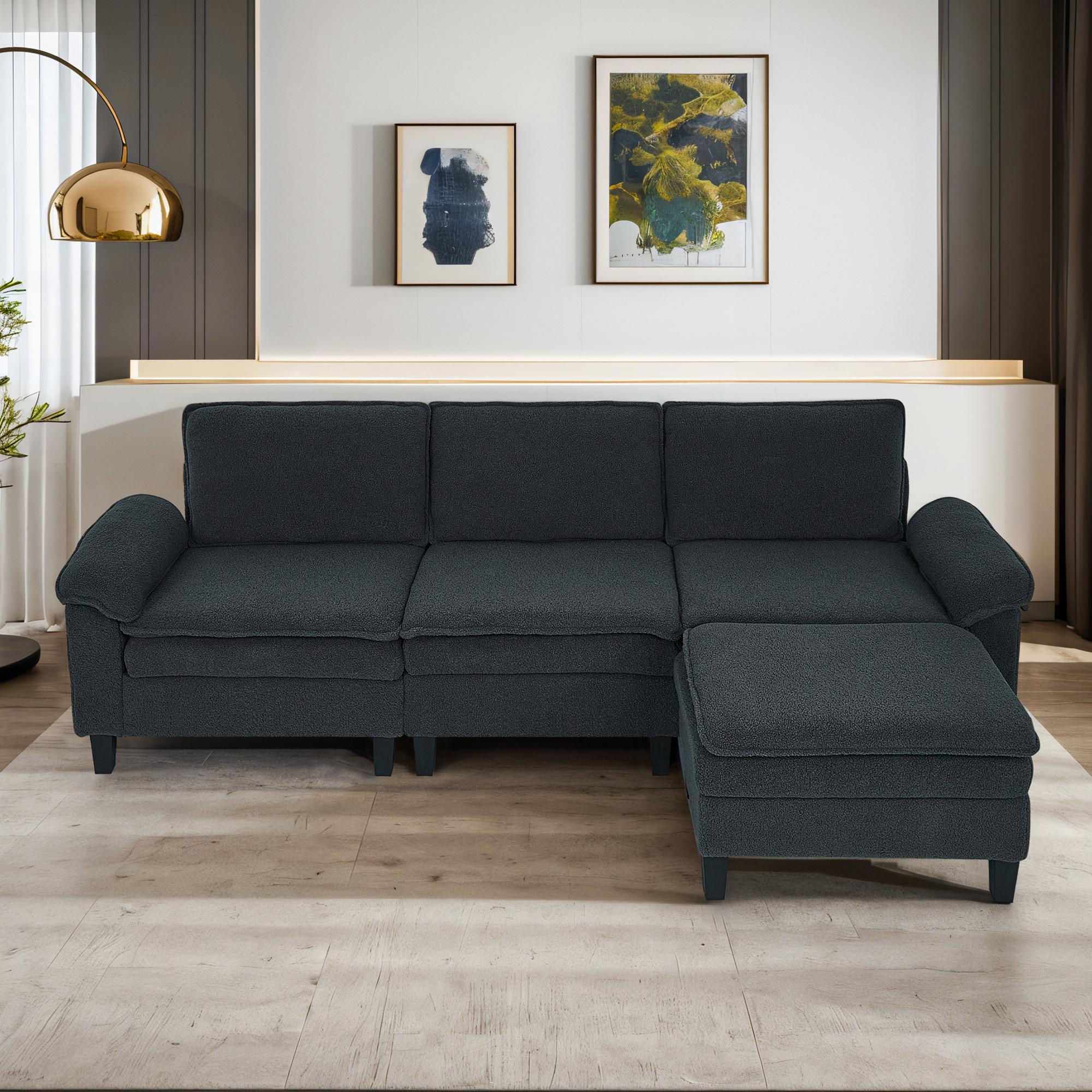 3-Seater Modular Sofa with Ottoman - Teddy Velvet, Solid Wood & Spring Cushion, Double-Layered Seat for Living Room