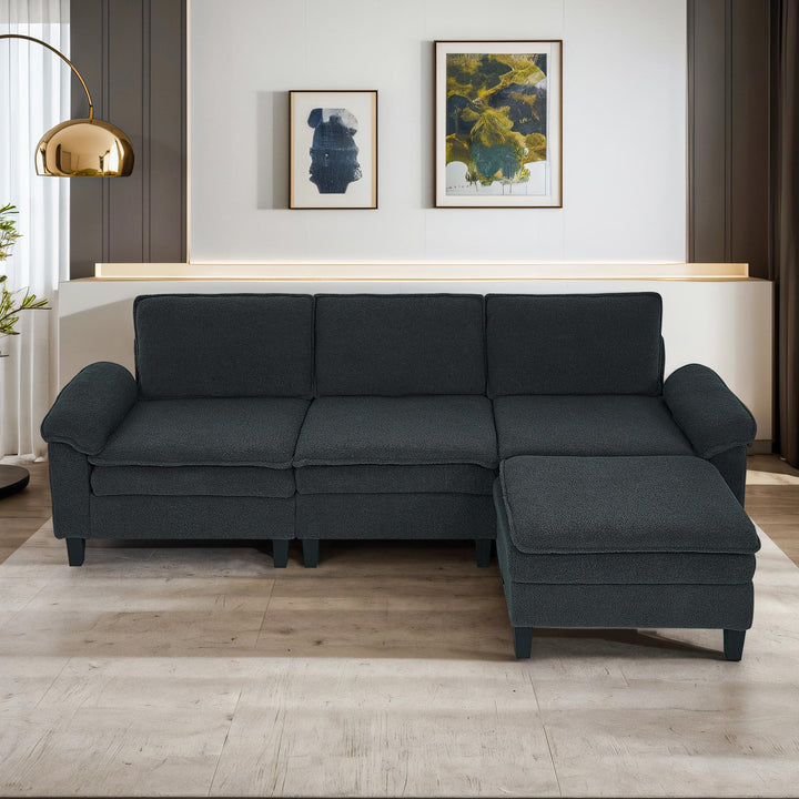 3-Seater Modular Sofa with Ottoman - Teddy Velvet, Solid Wood & Spring Cushion, Double-Layered Seat for Living Room