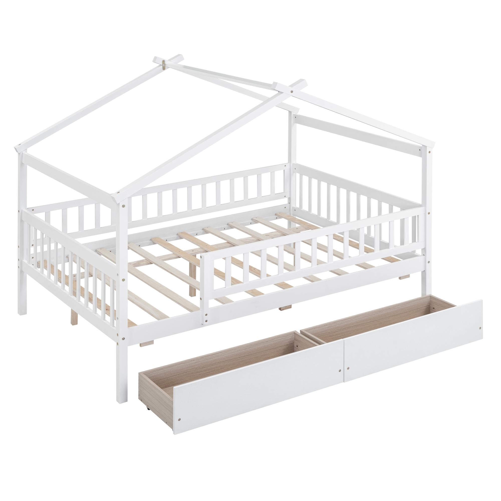 Full Size Wooden House Bed with Two Drawers
