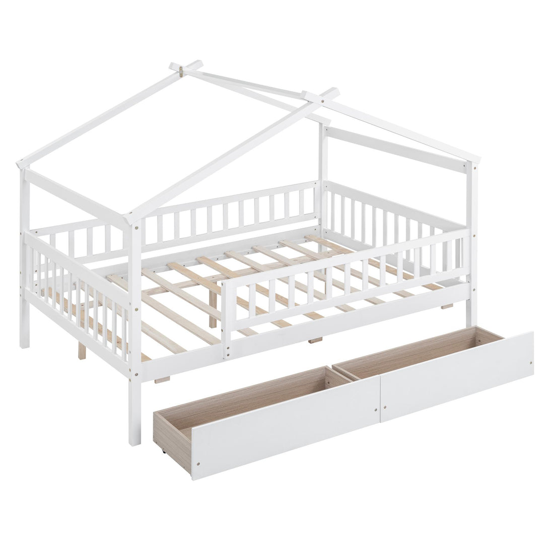 Full Size Wooden House Bed with Two Drawers