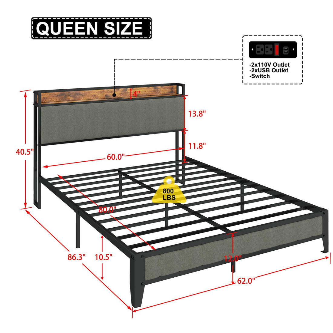 Queen-Size，Full metal bed frame with charging port at the head of the bed.