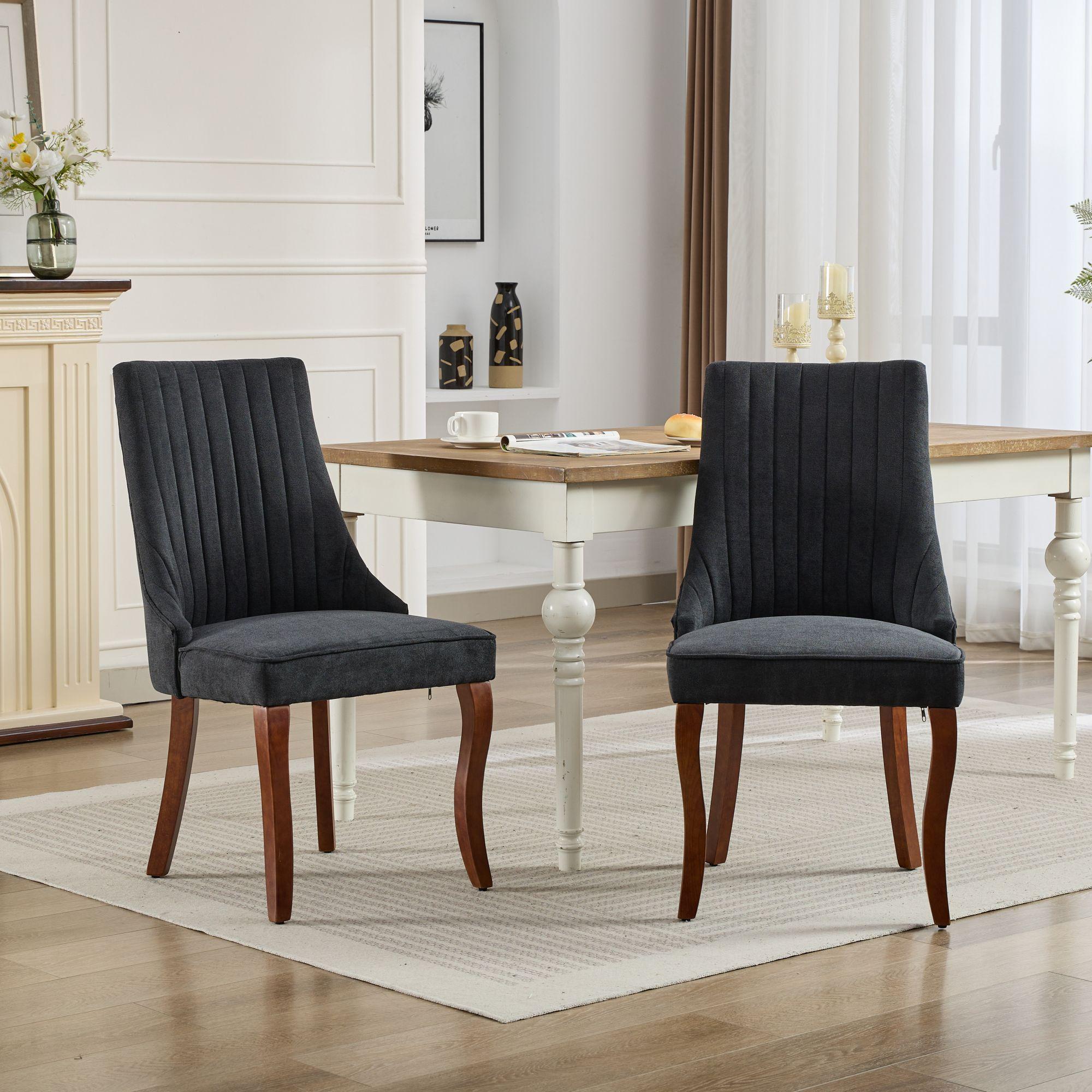 Rayon Cloth Flocking Linen Dining Chairs  Comfy Fabric Upholstered Accent Chair for Dining Room with Curved Solid Wood Legs,Set of 2