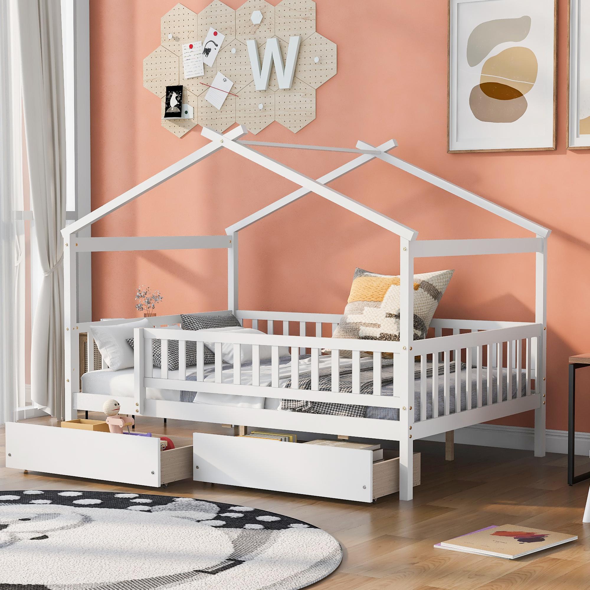 Full Size Wooden House Bed with Two Drawers