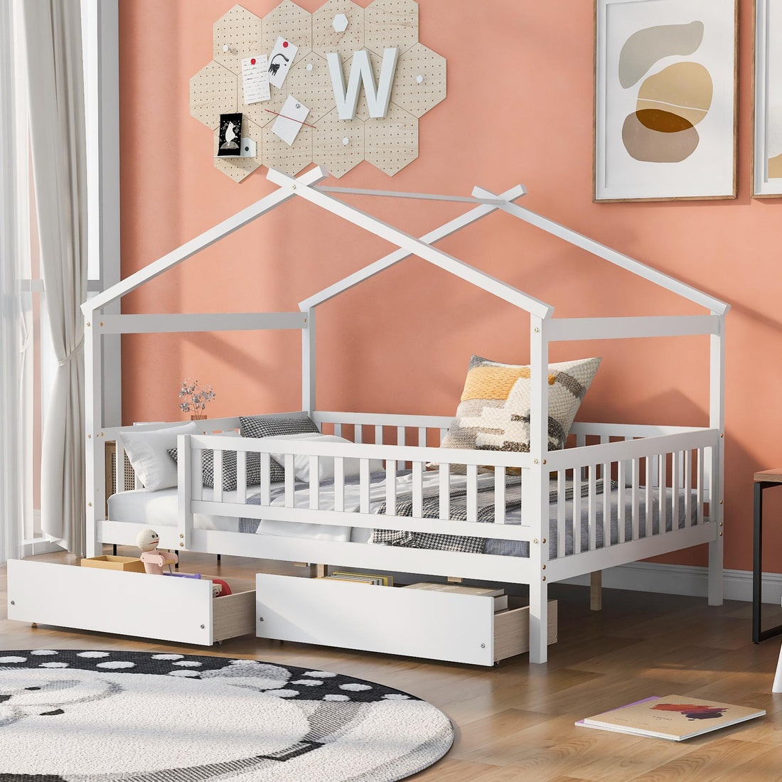 Full Size Wooden House Bed with Two Drawers