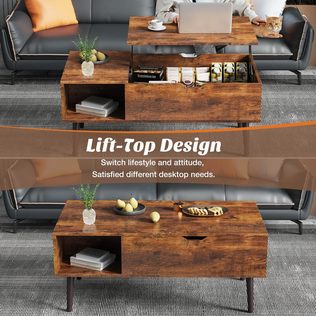Lift Top Coffee Table ，Wooden Furniture with Hidden Compartment and Adjustable Storage