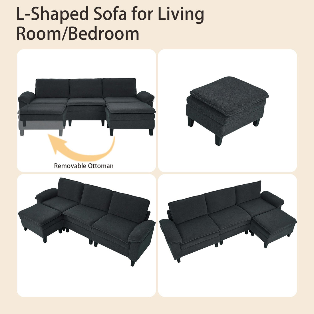 3-Seater Modular Sofa with Ottoman - Teddy Velvet, Solid Wood & Spring Cushion, Double-Layered Seat for Living Room